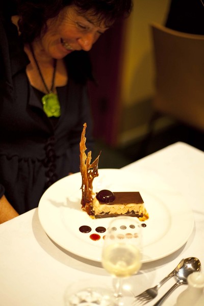 Diner being served roast cherry parfait with chocolate sorbet, jelly and cocoa handkerchief, ingredients from Provisions